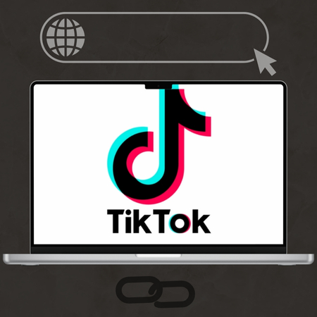 Laptop sa prikazanim logotipom TikTok-a na ekranu, sa pretraživačkom trakom iznad